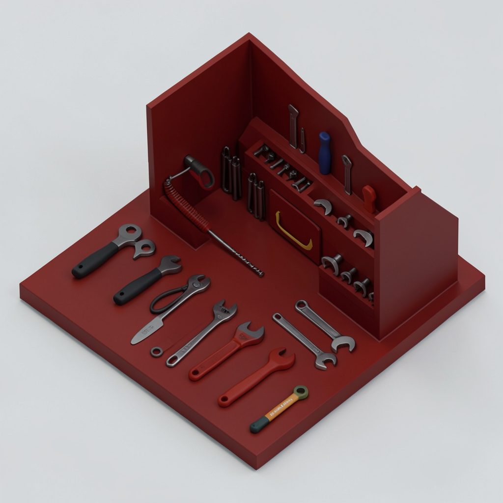 Isometric 3D render of a wooden compositor's drawer filled with warm pewter metal sorts in sepia tones